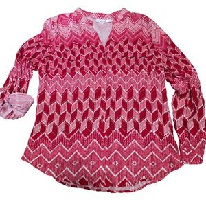 Cato Women's Red Geometric Print V-Neck Long‎ Sleeve Blouse Top Size L
